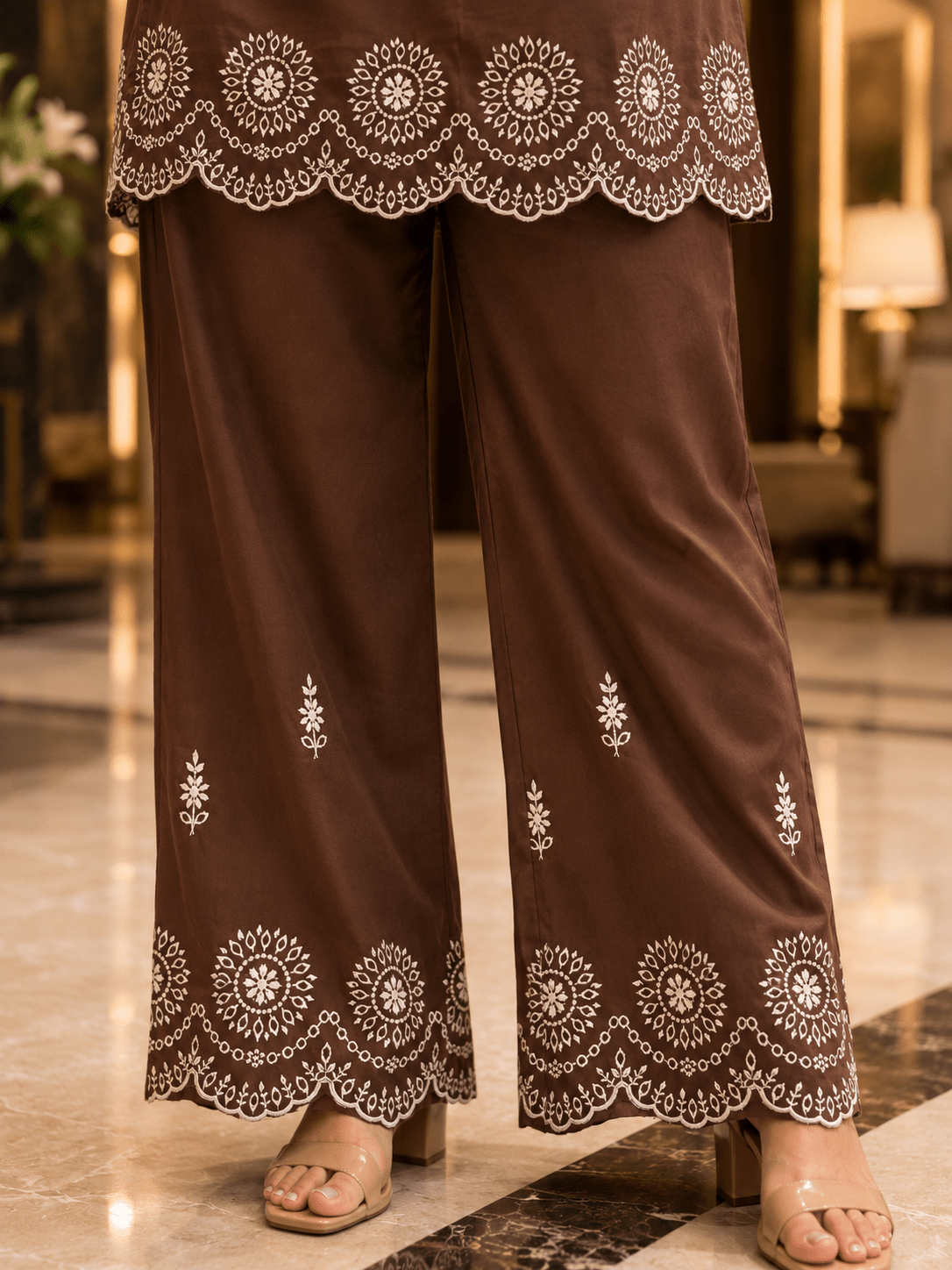 Coffee Brown Cotton Embroidered Co-Ord Set