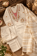 Cream Embroidered Kurta Pant Set with Chanderi Zari Dupatta for Women - Mayantiie