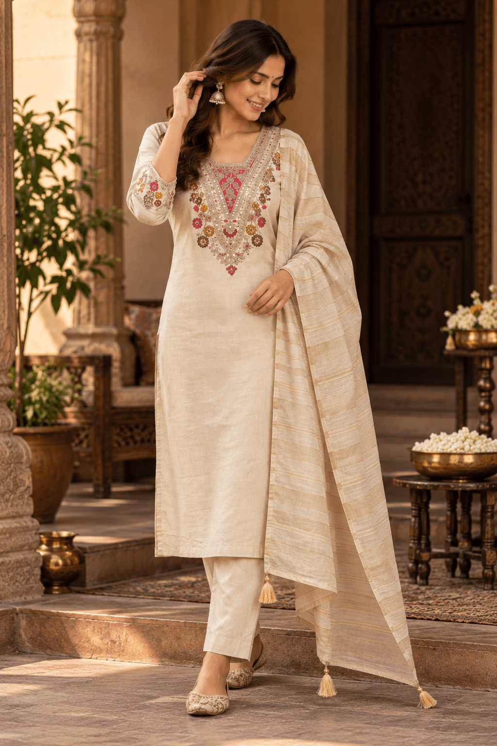 Cream Embroidered Kurta Pant Set with Chanderi Zari Dupatta for Women - Mayantiie