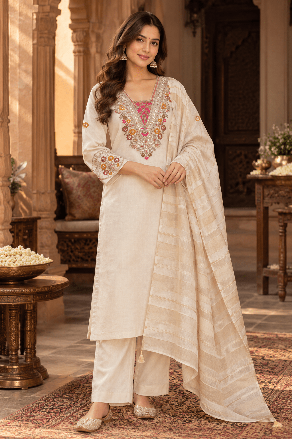 Cream Embroidered Kurta Pant Set with Chanderi Zari Dupatta for Women - Mayantiie