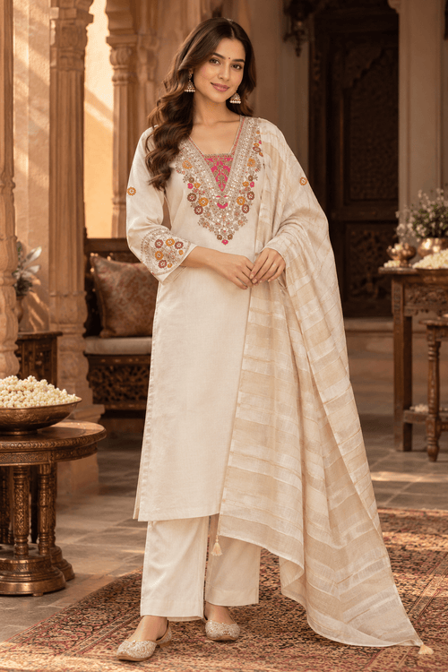 Cream Embroidered Kurta Pant Set with Chanderi Zari Dupatta for Women - Mayantiie
