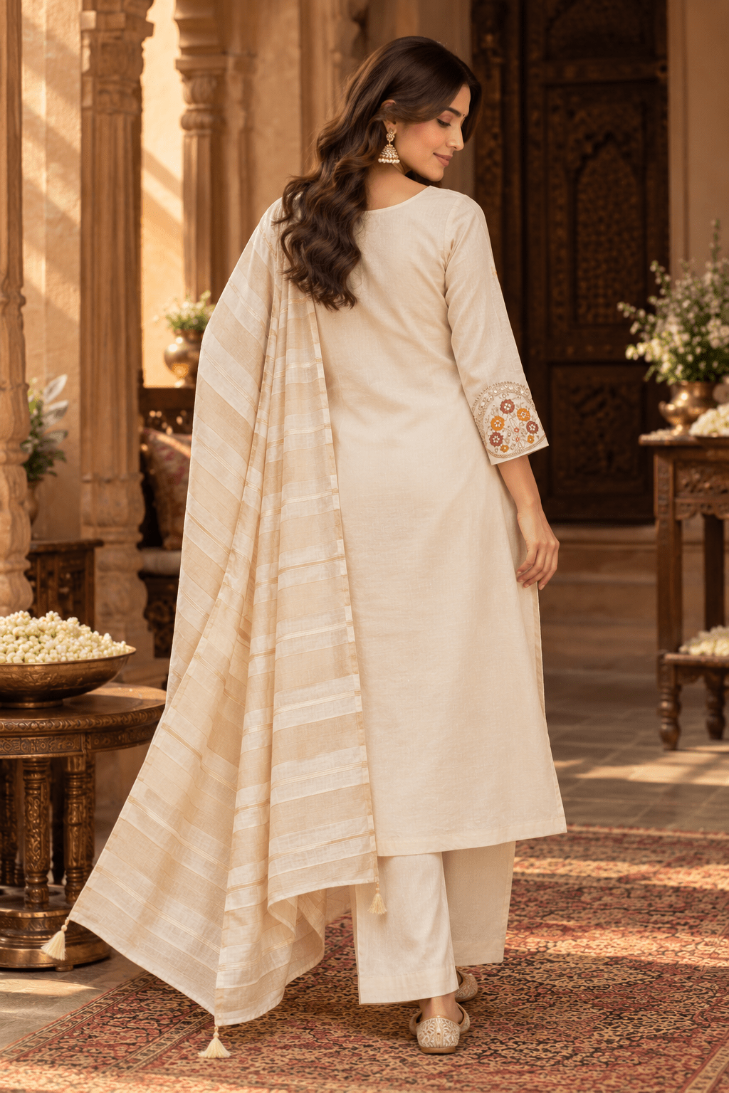 Cream Embroidered Kurta Pant Set with Chanderi Zari Dupatta for Women - Mayantiie