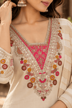 Cream Embroidered Kurta Pant Set with Chanderi Zari Dupatta for Women - Mayantiie
