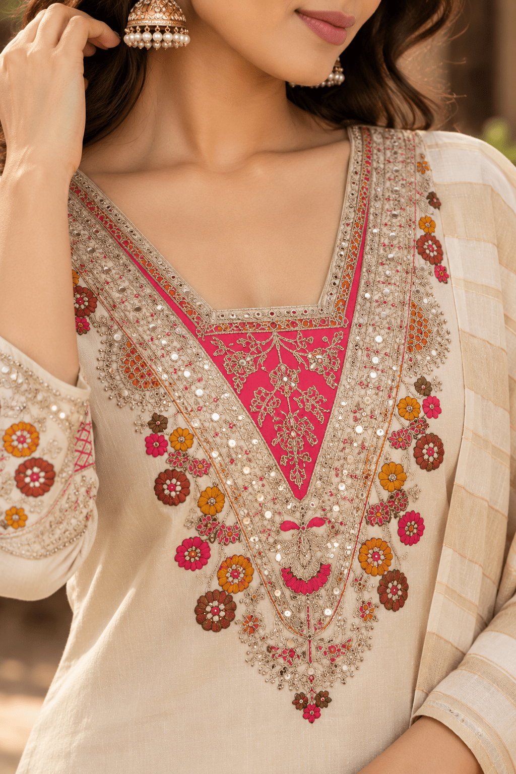 Cream Embroidered Kurta Pant Set with Chanderi Zari Dupatta for Women - Mayantiie