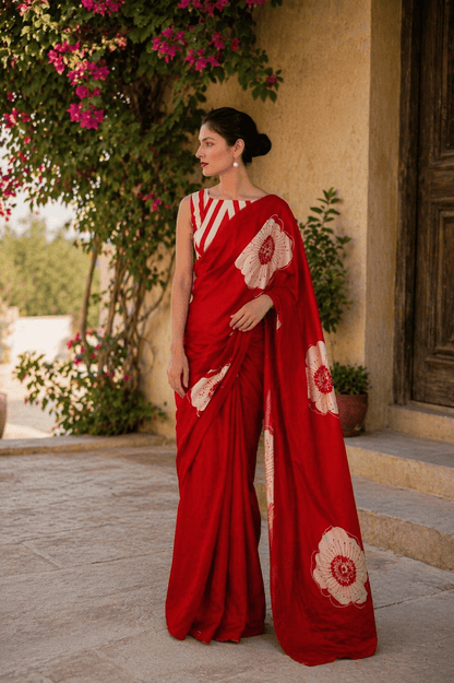 Crimson Red Bloom Printed Satin Saree - Mayantiie