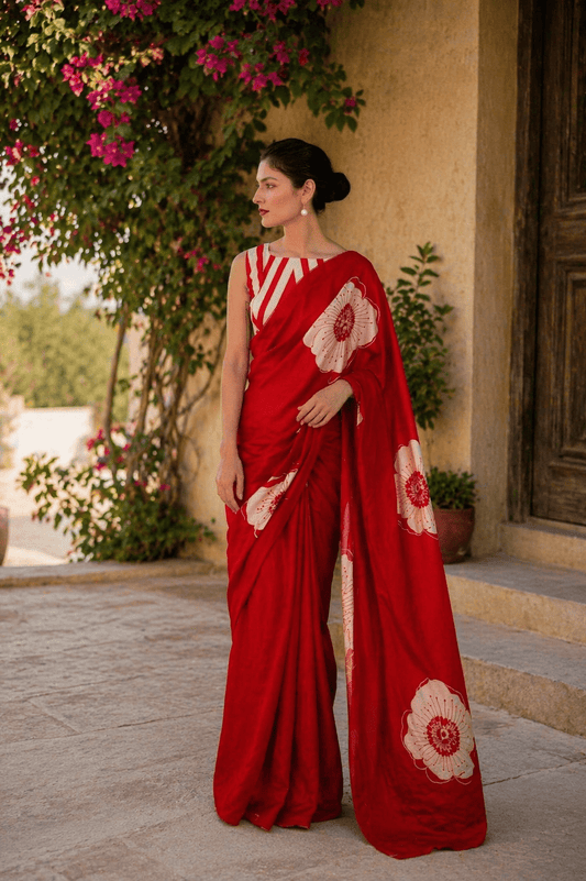 Crimson Red Bloom Printed Satin Saree - Mayantiie