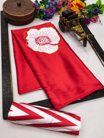 Crimson Red Bloom Printed Satin Saree - Mayantiie