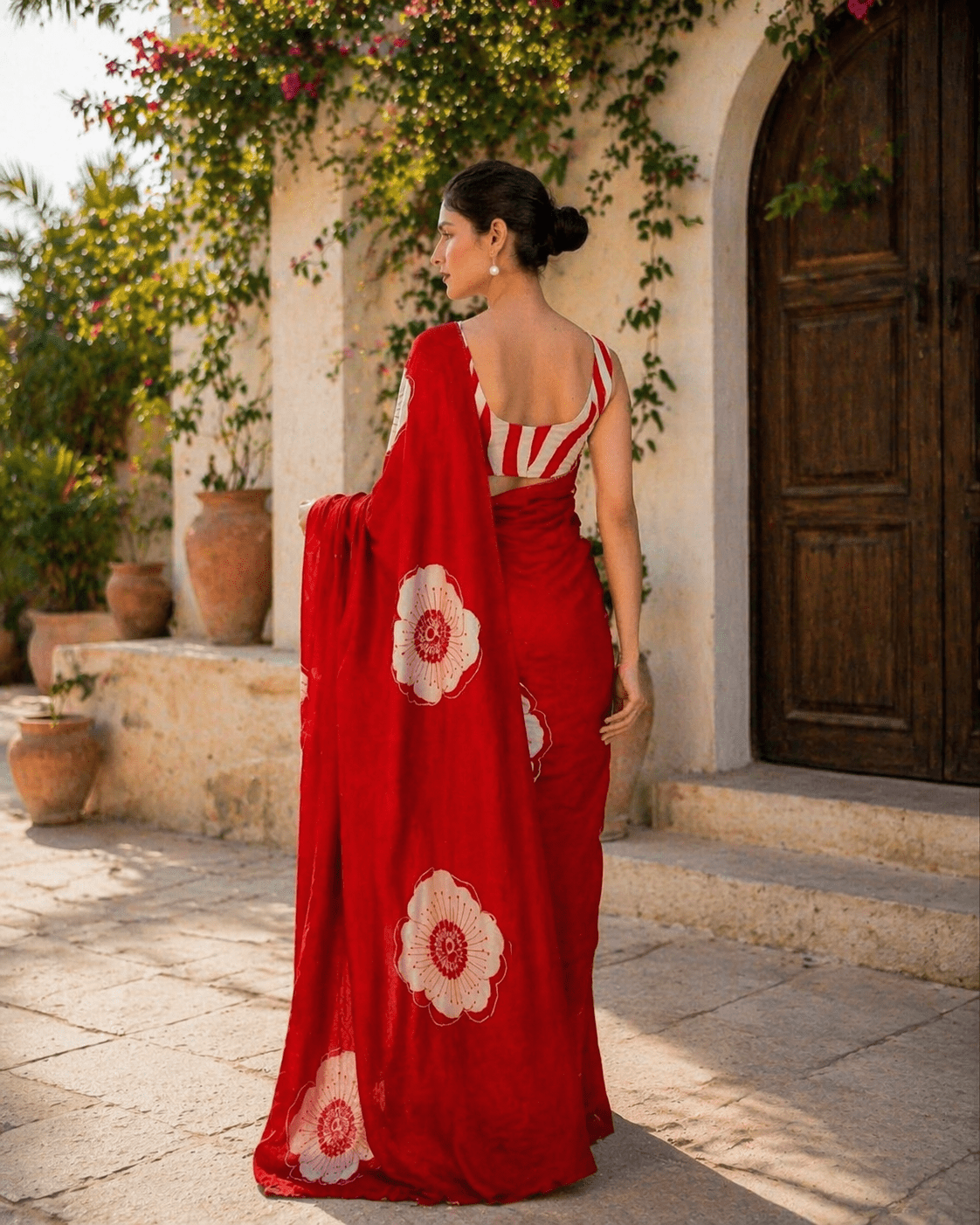 Crimson Red Bloom Printed Satin Saree - Mayantiie
