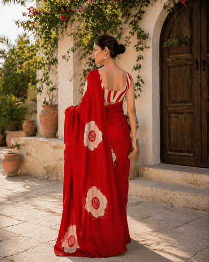 Crimson Red Bloom Printed Satin Saree - Mayantiie