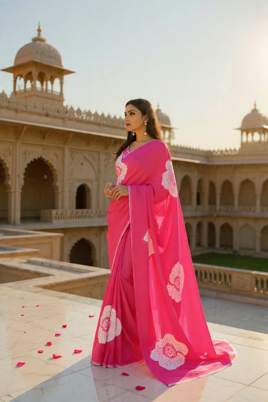 Fuchsia Pink Bloom Printed Satin Saree - Mayantiie-