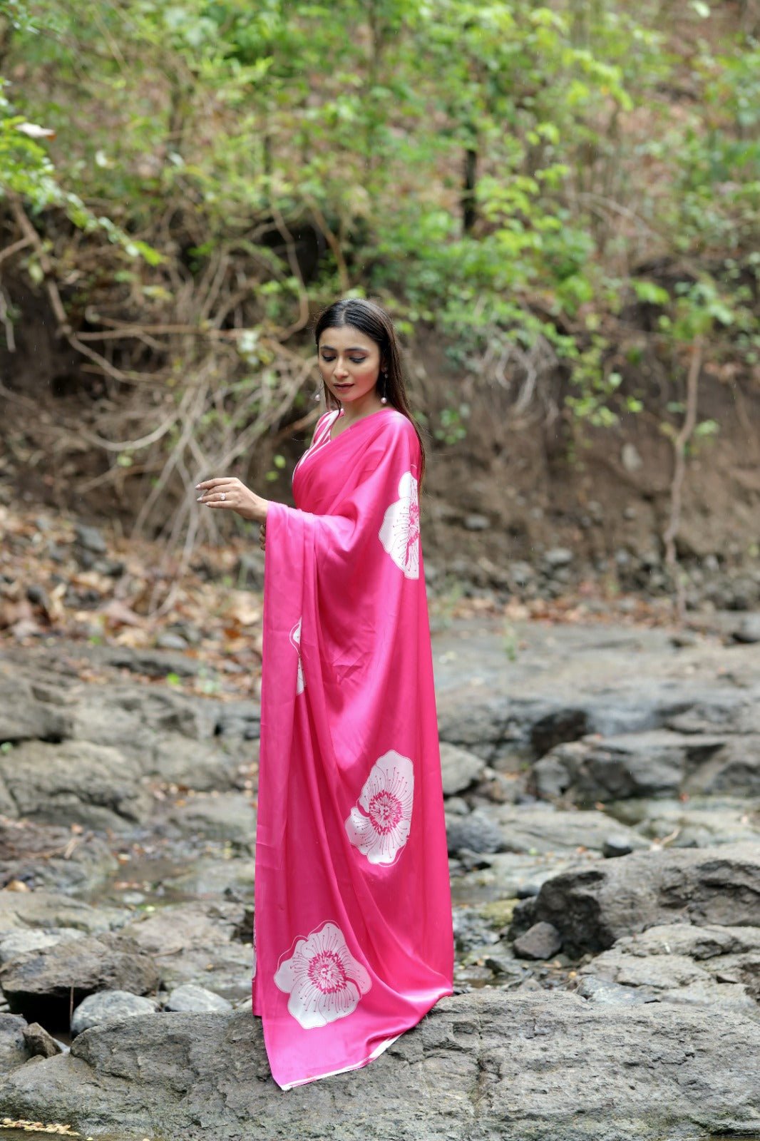 Fuchsia Pink Bloom Printed Satin Saree - Mayantiie-
