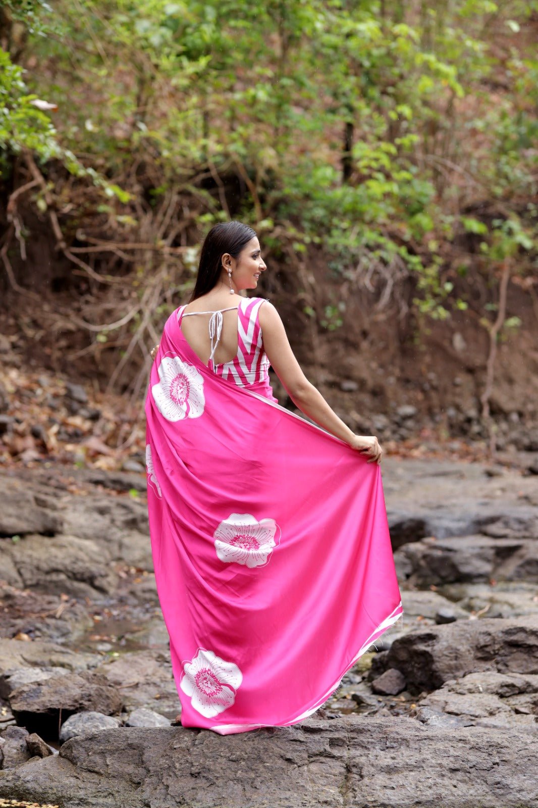 Fuchsia Pink Bloom Printed Satin Saree - Mayantiie-
