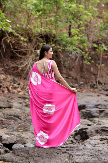 Fuchsia Pink Bloom Printed Satin Saree - Mayantiie-