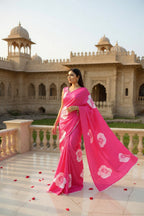 Fuchsia Pink Bloom Printed Satin Saree - Mayantiie-