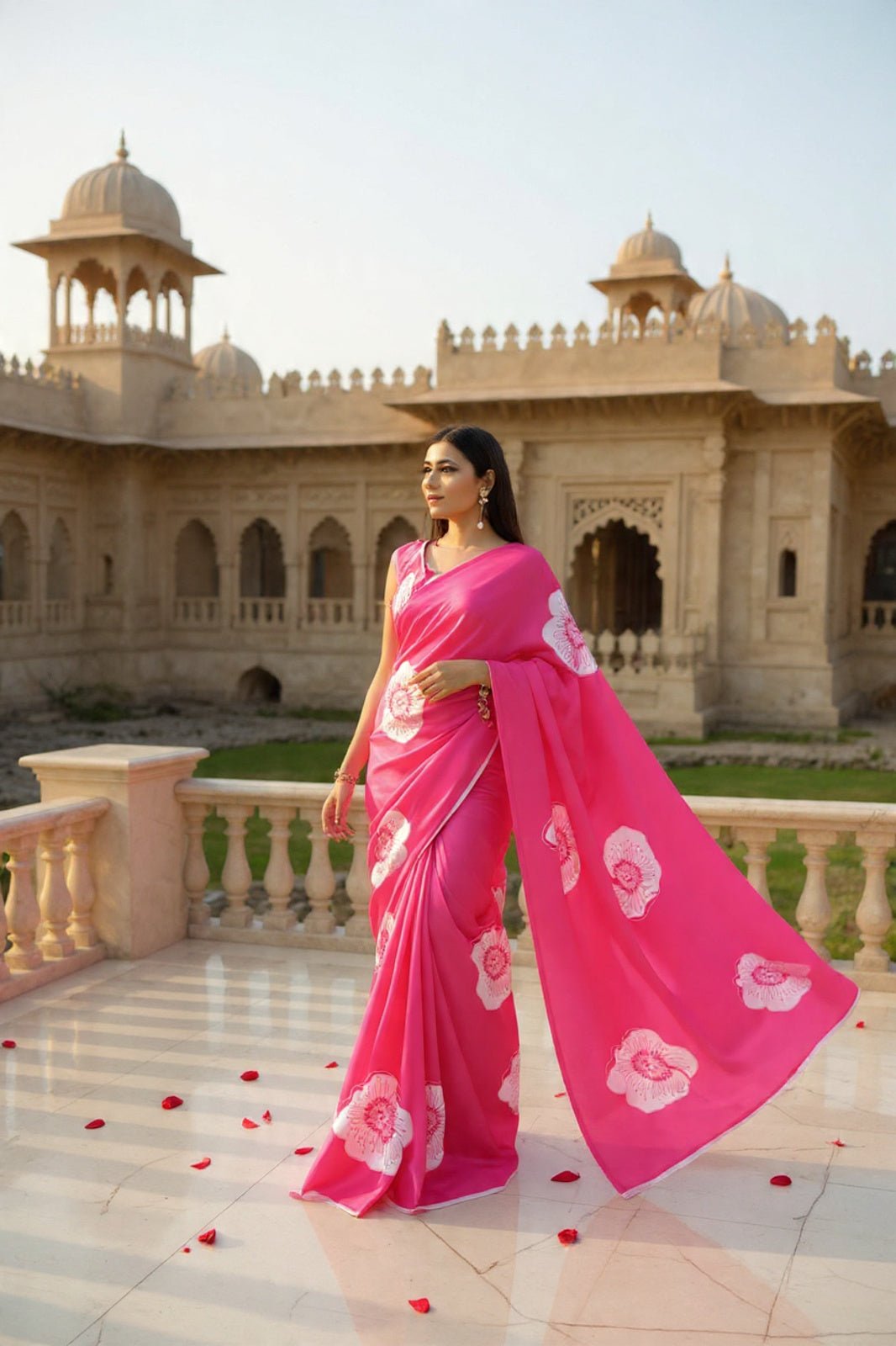Fuchsia Pink Bloom Printed Satin Saree - Mayantiie-
