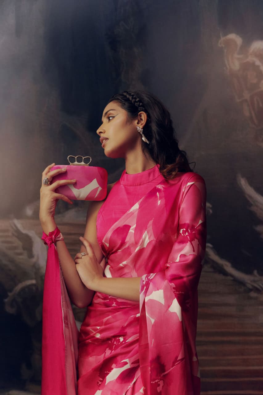 Fuchsia Pink Petal Printed Satin Saree - Mayantiie