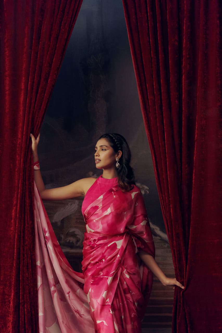 Fuchsia Pink Petal Printed Satin Saree - Mayantiie