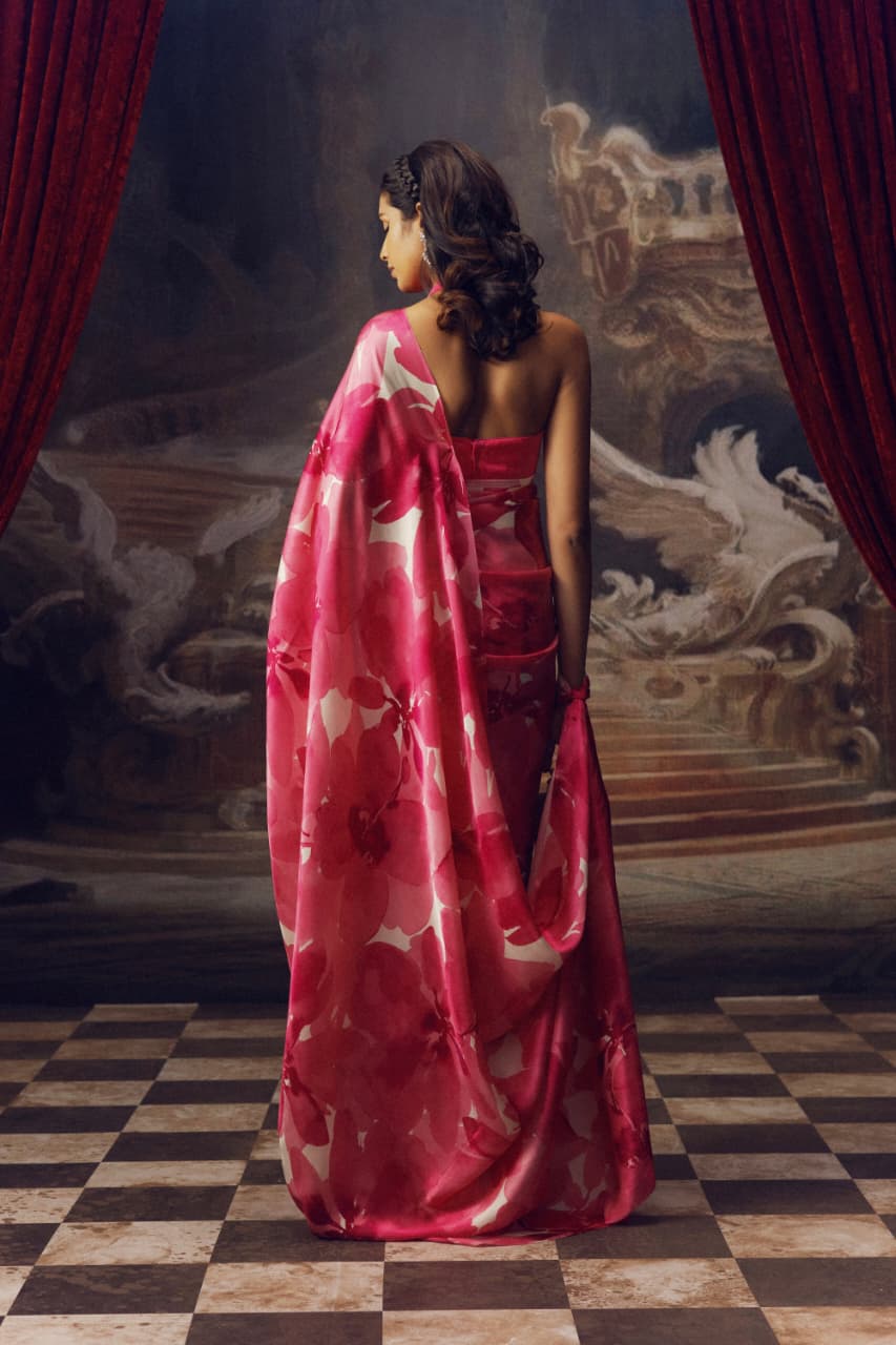 Fuchsia Pink Petal Printed Satin Saree - Mayantiie