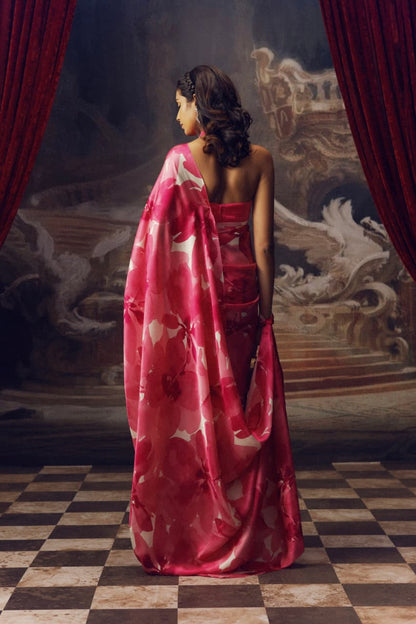 Fuchsia Pink Petal Printed Satin Saree - Mayantiie