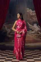 Fuchsia Pink Petal Printed Satin Saree - Mayantiie