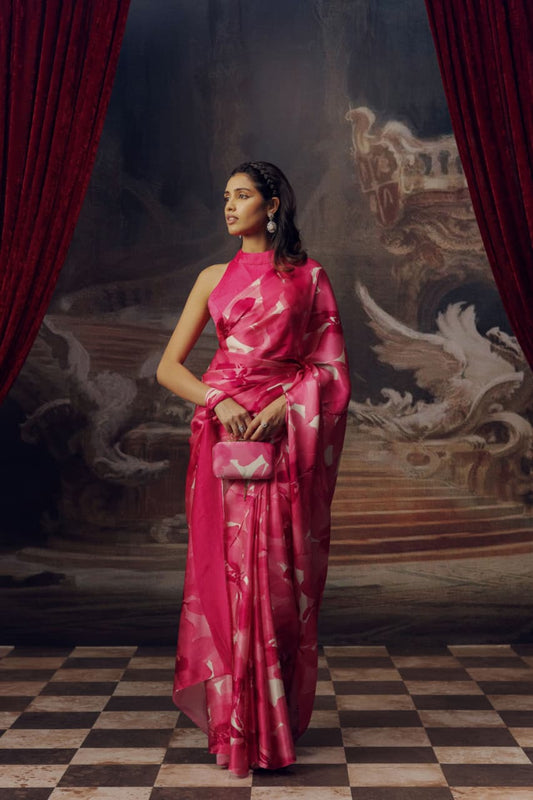 Fuchsia Pink Petal Printed Satin Saree - Mayantiie