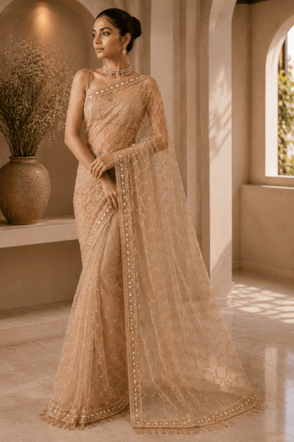 Golden Embellished Sequin Mono Net Saree