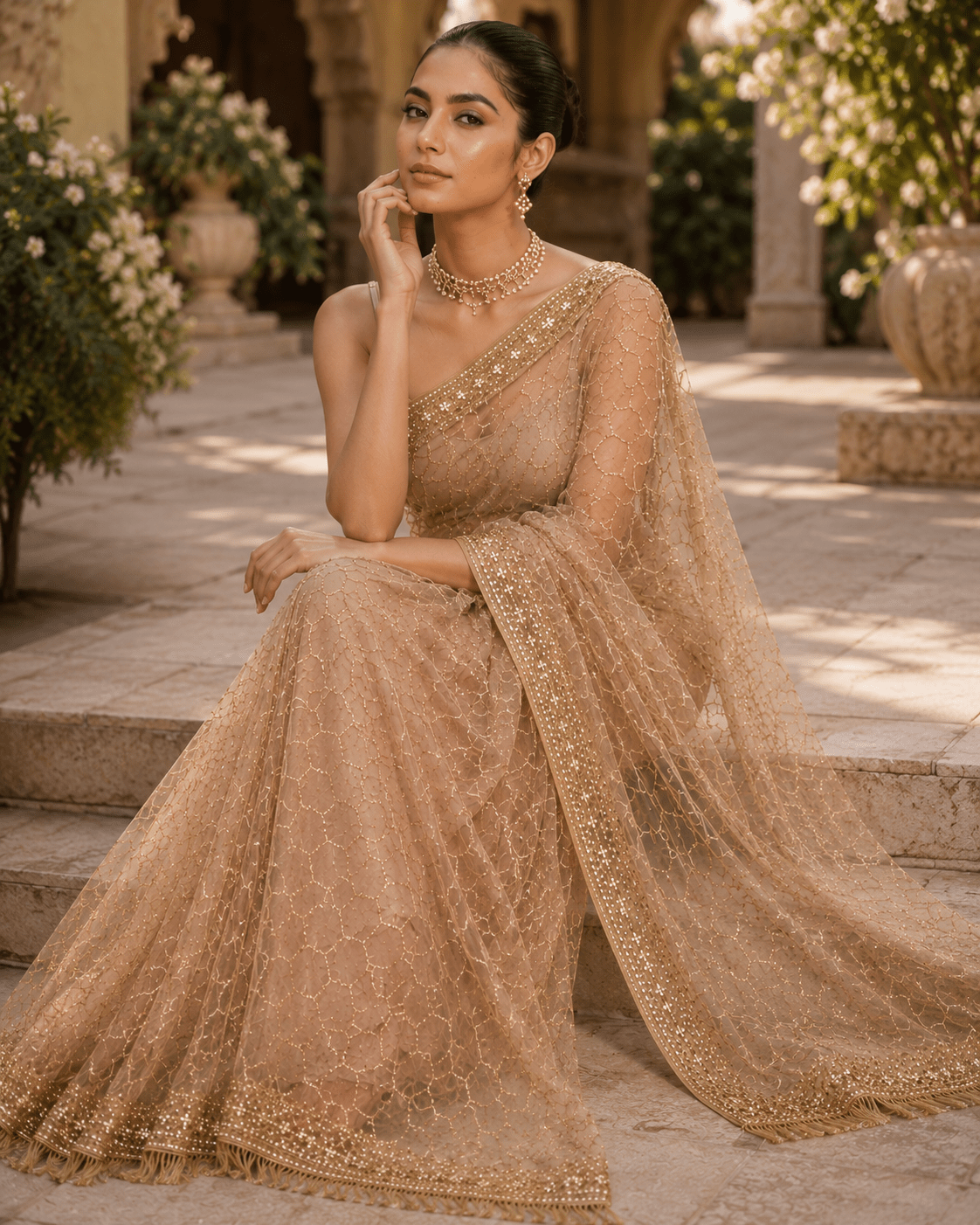 Golden Embellished Sequin Mono Net Saree