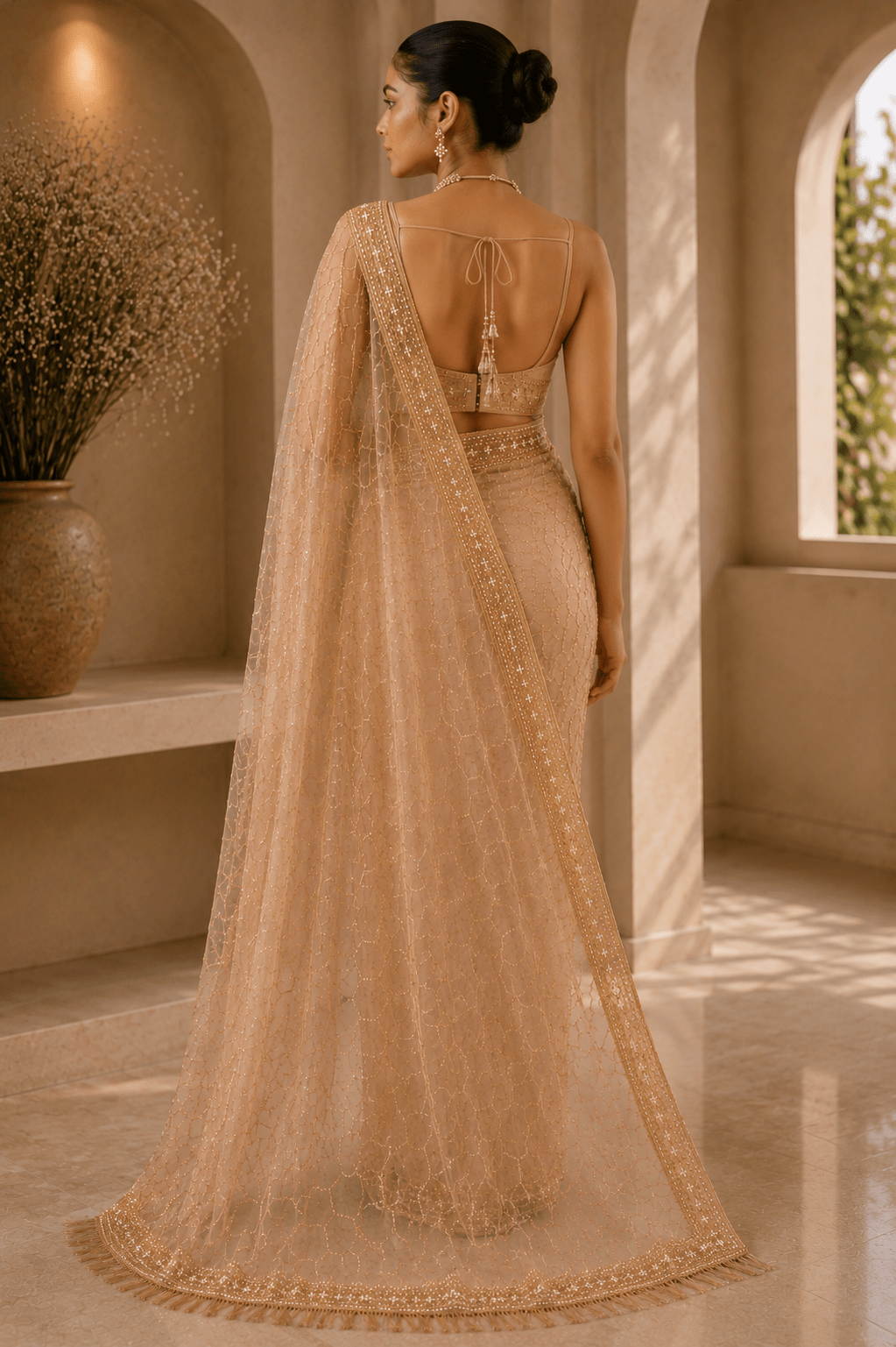 Golden Embellished Sequin Mono Net Saree