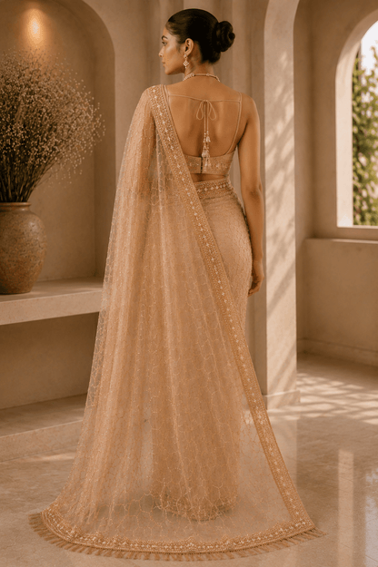 Golden Embellished Sequin Mono Net Saree