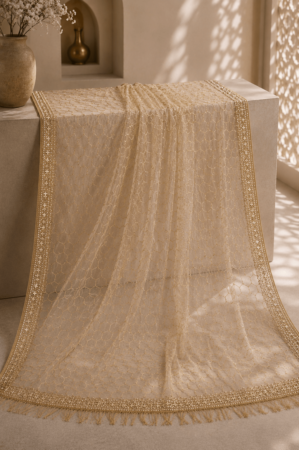 Golden Embellished Sequin Mono Net Saree
