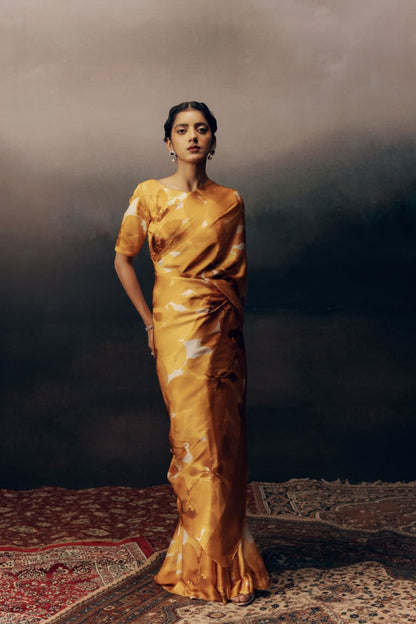 Golden Petal Printed Satin Saree - Mayantiie