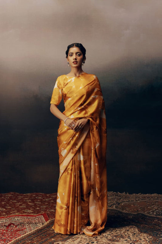 Golden Petal Printed Satin Saree - Mayantiie