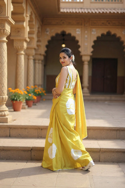 Golden Yellow Bloom Printed Satin Saree - Mayantiie