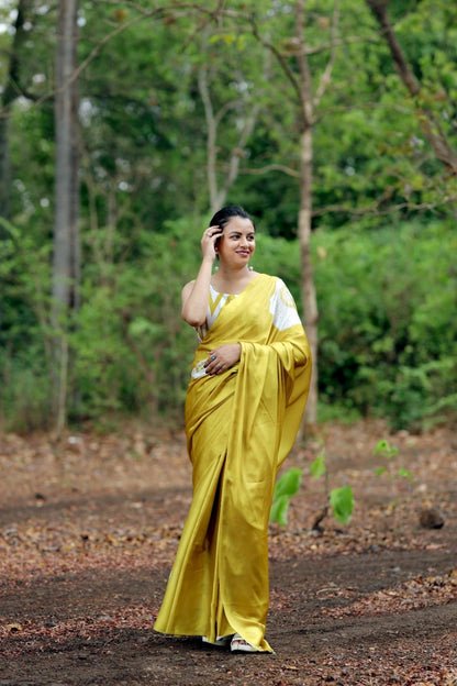 Golden Yellow Bloom Printed Satin Saree - Mayantiie