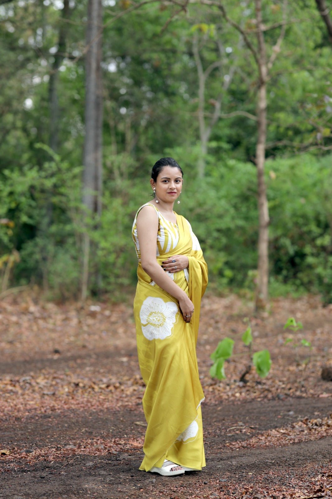 Golden Yellow Bloom Printed Satin Saree - Mayantiie