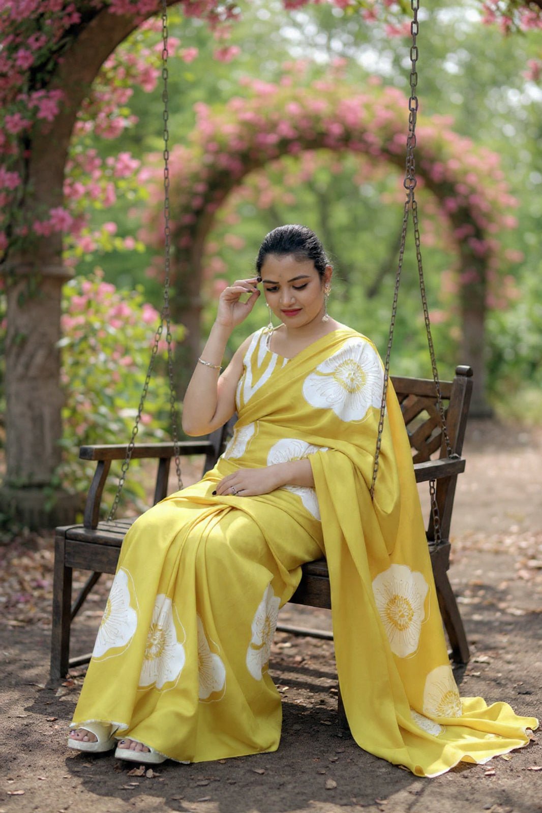 Golden Yellow Bloom Printed Satin Saree - Mayantiie
