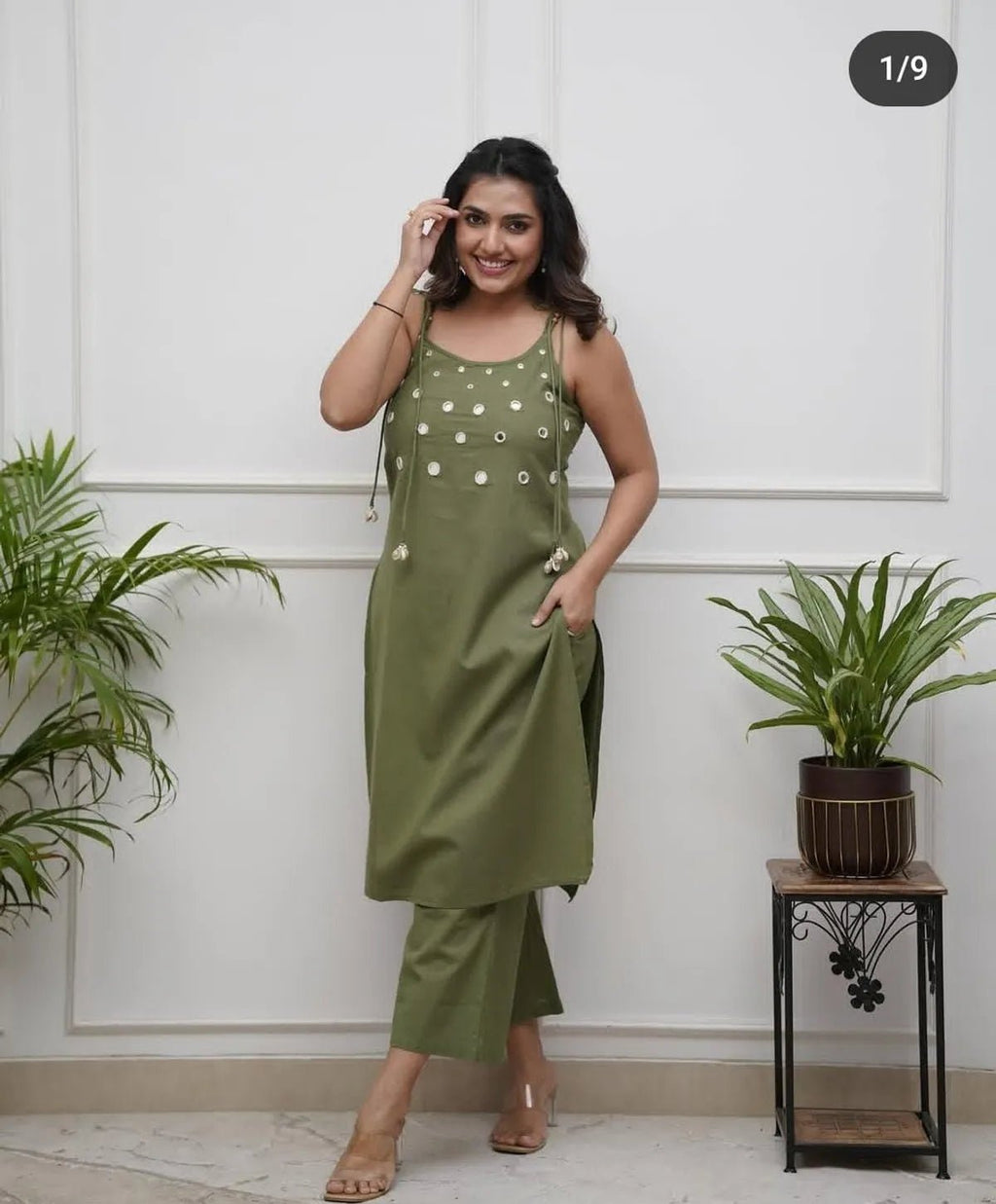 Green Breeze Spaghetti Cotton Kurti with Pants - Mayantiie