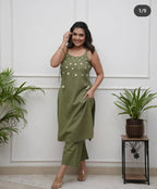 Green Breeze Spaghetti Cotton Kurti with Pants - Mayantiie