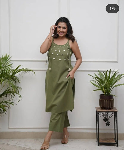 Green Breeze Spaghetti Cotton Kurti with Pants - Mayantiie