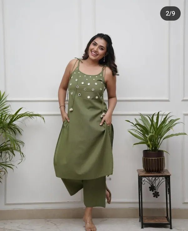Green Breeze Spaghetti Cotton Kurti with Pants - Mayantiie