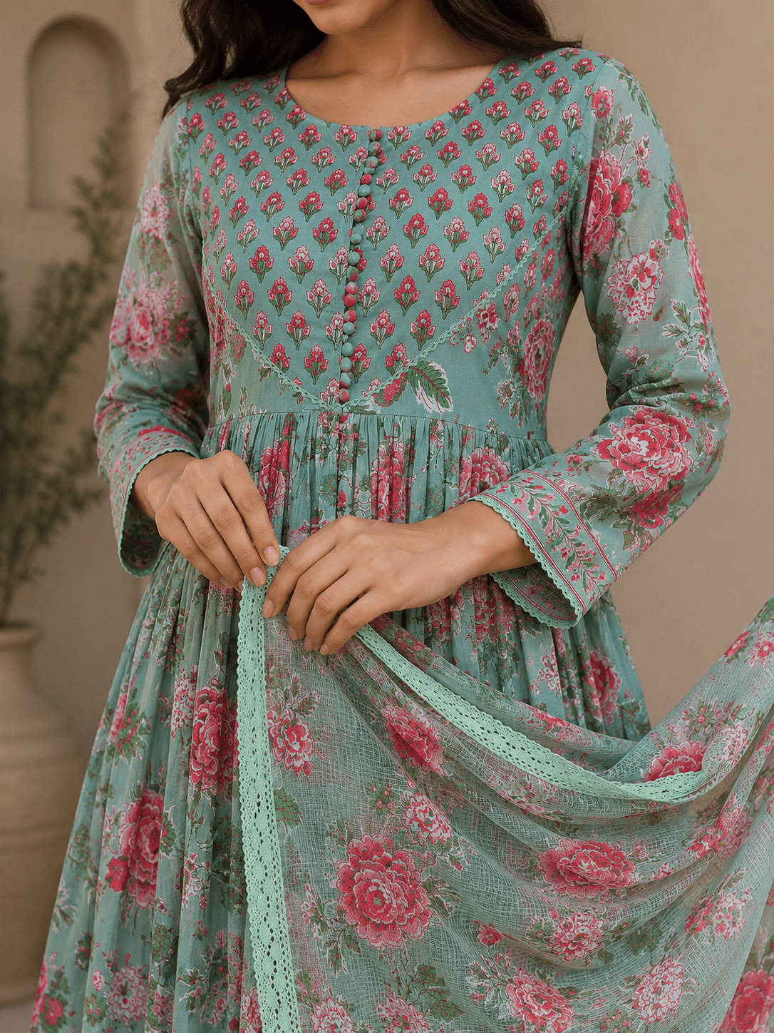 Green Floral Printed Cotton Anarkali Kurti Pant Set