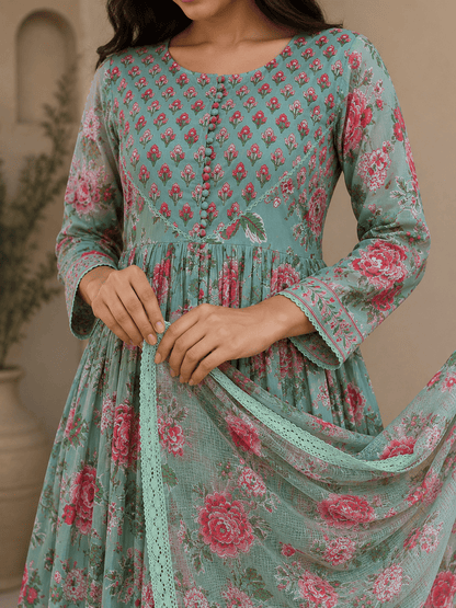 Green Floral Printed Cotton Anarkali Kurti Pant Set