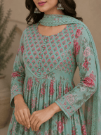 Green Floral Printed Cotton Anarkali Kurti Pant Set
