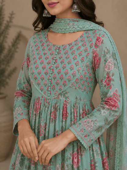 Green Floral Printed Cotton Anarkali Kurti Pant Set
