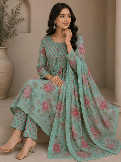 Green Floral Printed Cotton Anarkali Kurti Pant Set