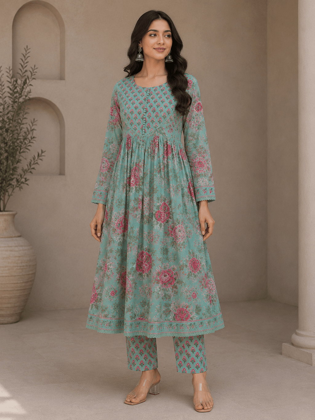Green Floral Printed Cotton Anarkali Kurti Pant Set