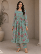 Green Floral Printed Cotton Anarkali Kurti Pant Set