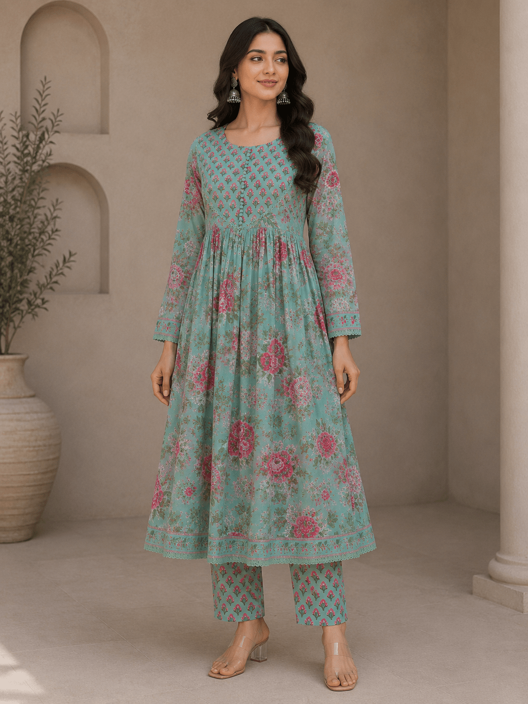 Green Floral Printed Cotton Anarkali Kurti Pant Set