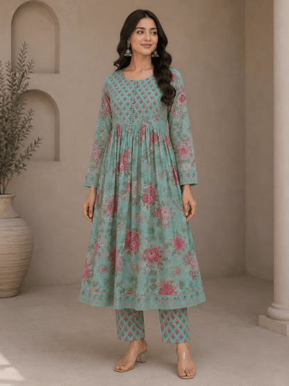Green Floral Printed Cotton Anarkali Kurti Pant Set