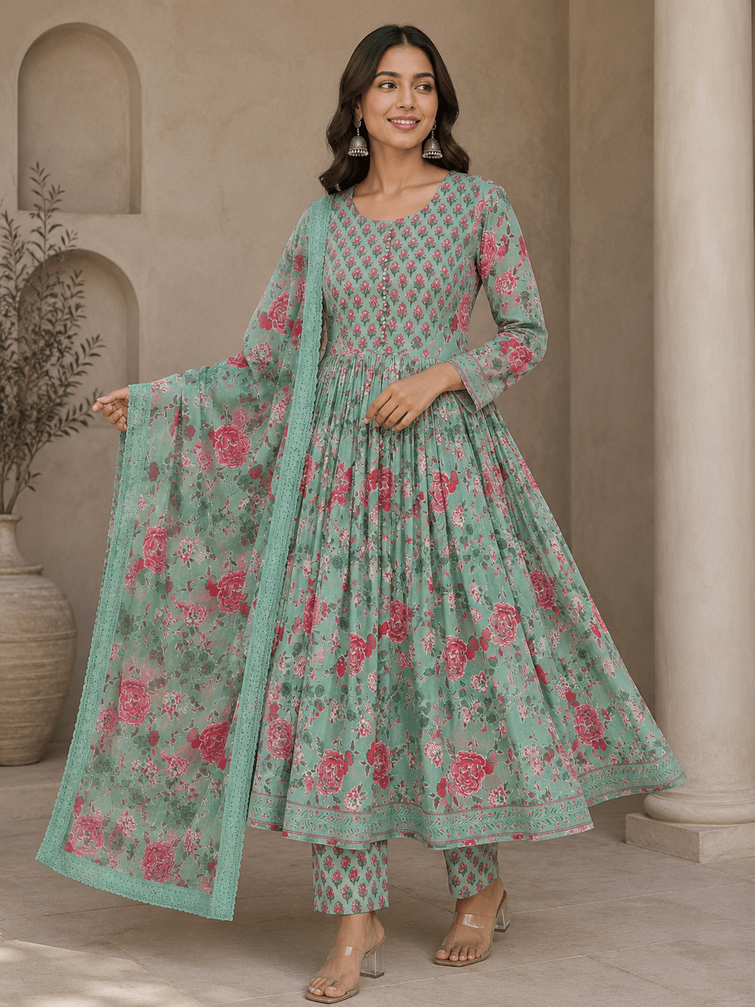 Green Floral Printed Cotton Anarkali Kurti Pant Set